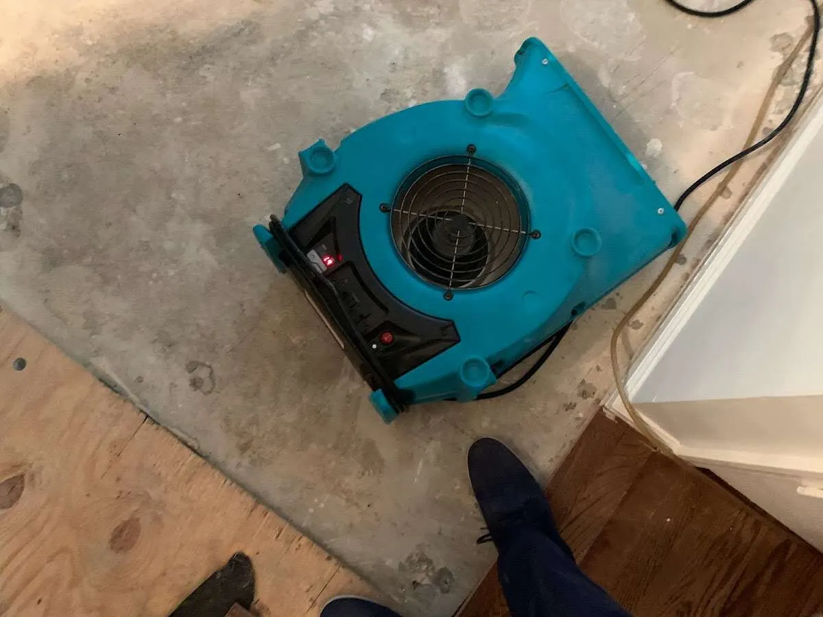 Air mover drying subfloor during Leak Detection & Repair in Reidsville